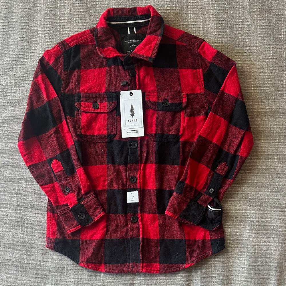 NEW Denim and Flower Boys Red and Black Buffalo Plaid Flannel Shirt Size 7